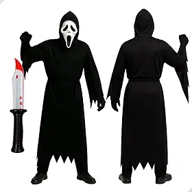 Fantasia Halloween Panico, Kit Completo com Máscara Ghostface, Vestido Preto e Faca Mágica com Líquido Vermelho, para Carnaval e Festas, 130cm De comprimento