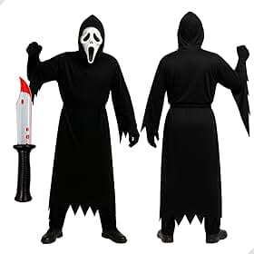 Fantasia Halloween Panico, Kit Completo com Máscara Ghostface, Vestido Preto e Faca Mágica com Líquido Vermelho, para Carnaval e Festas, 130cm De comprimento