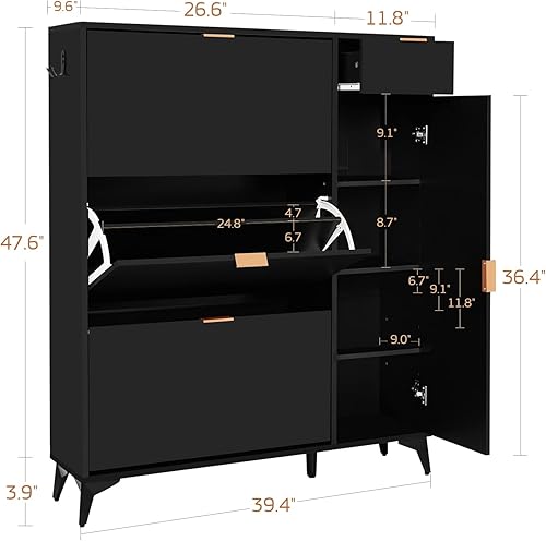 Miniatura 2 de ARTETHYS Armario de almacenamiento de zapatos delgado con puerta, armario de zapatos estrecho con 3 cajones abatibles y estante para botas para