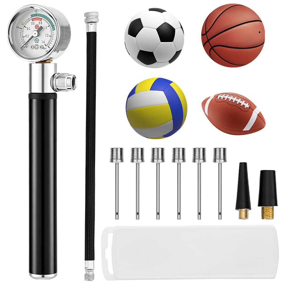 DAJASD Ballpumpe mit Manometer, Tragbare Luftpumpe mit 10 Ball Nadeln, 2 Düse & 1 Schlauch, Mini Handpumpe mit Aufblas & Abpumpfunktion für jeden Sportball Gymnastik Ball Fußball Basketbal Volleyball Sport & Freizeit