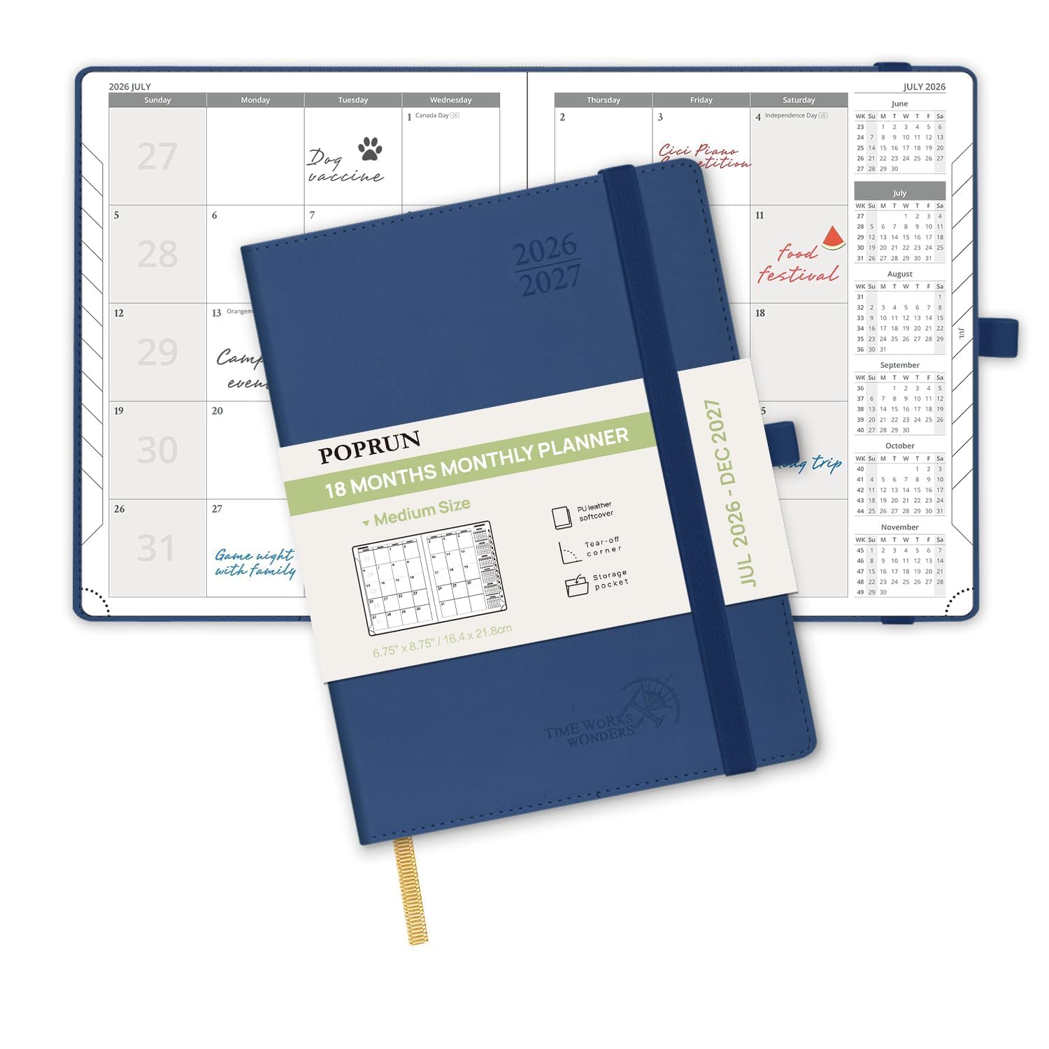 POPRUN A5 Month to View Diary 2026-2027 22x16.5cm (18-Month: Jul'26 - Dec'27) Monthly Planner, Soft Cover, Sunday Start, Monthly Tab(Navy blue) โ image 1