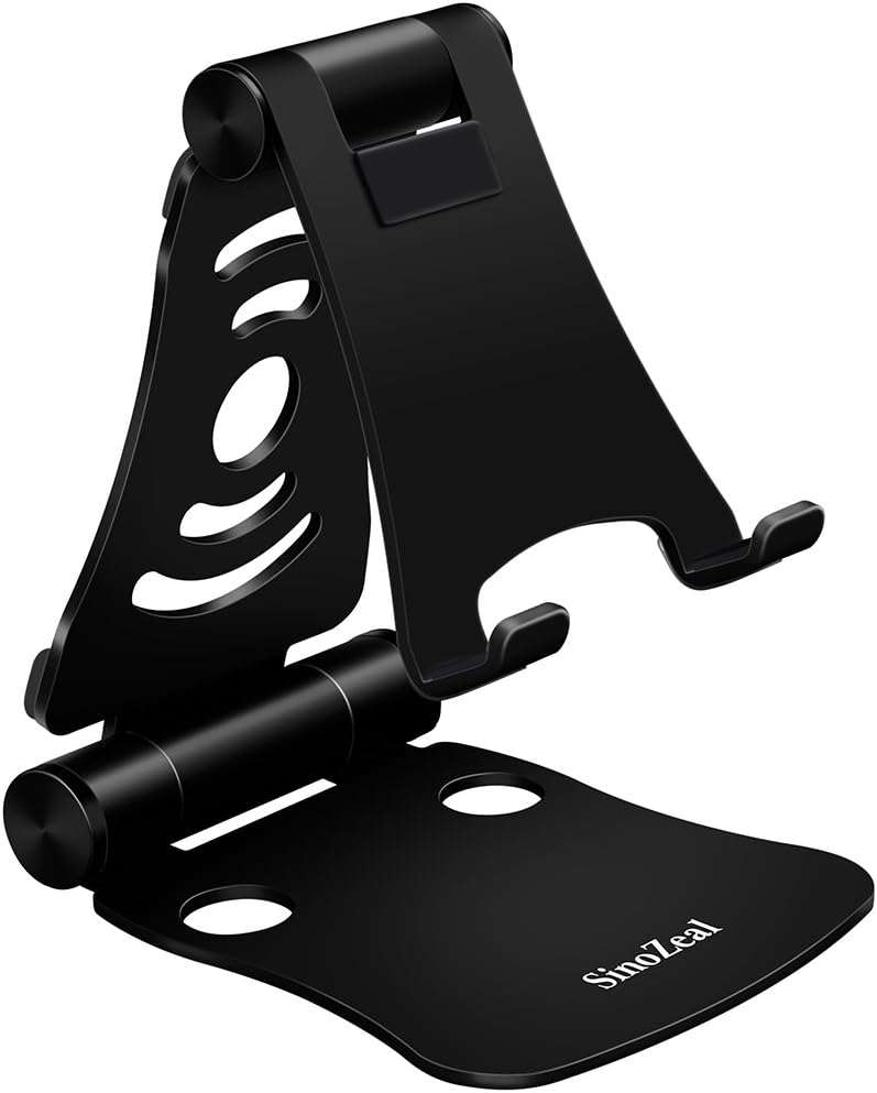 SinoZeal Cell Phone Tablet Stand, Universal Adjustable Foldable Aluminum Desk Holder for iPad Air Pro Mini 4, for iPhone Xs/XS Max/XR, for Kindle Fire and for Nintendo Switch (No Case) (Black)