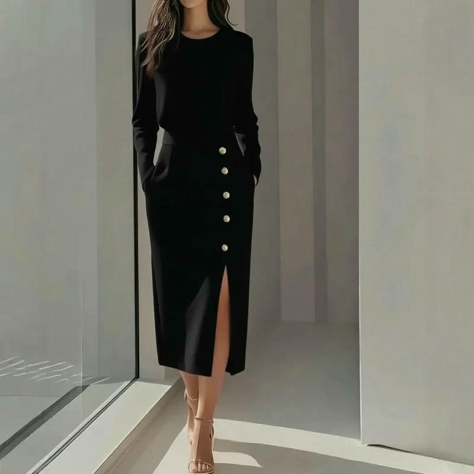Vestito Donne Midi Abito Collo Rotondo Manica Lunga Bodycon Oro Bottoni Vita Cravatta Lato Fensura Elegante Lavoro Ufficio Usura Formale-Black-XXL