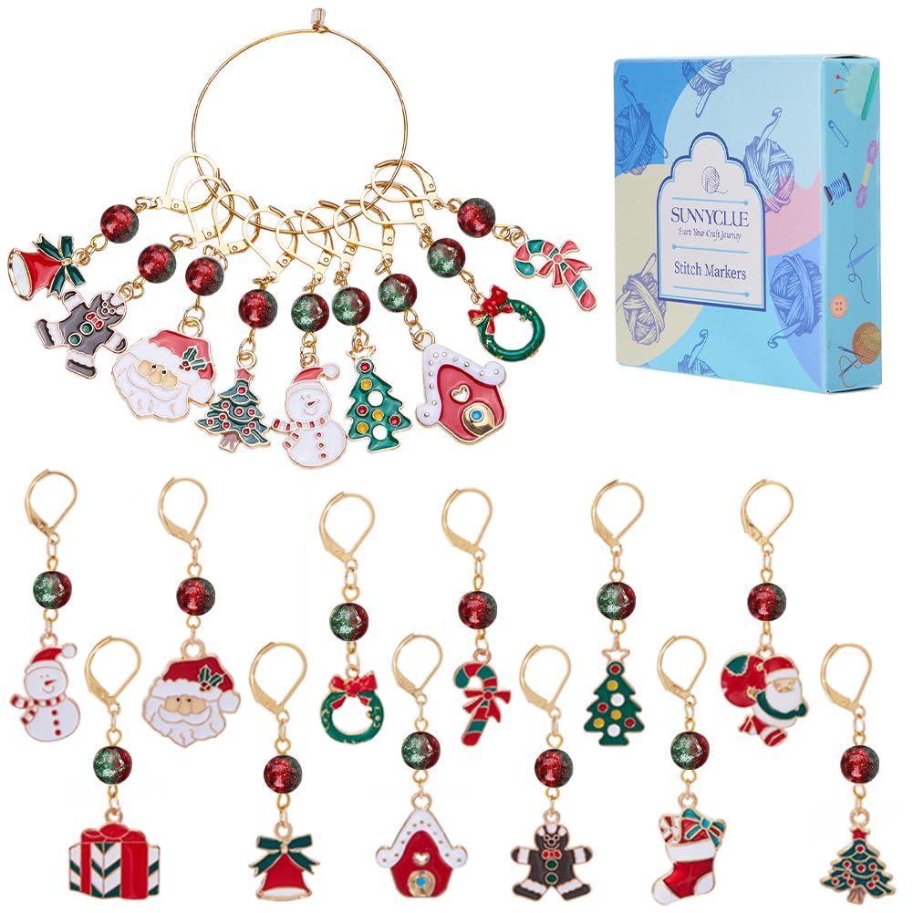 SUNNYCLUE 1 Box 24Pcs 12 Style Christmas Crochet Stitch Markers Stitch Marker Crochet Knitting Markers Small Enamel Stitch Marker Charms for Knitting Weaving Sewing Needleworks DIY Supplies