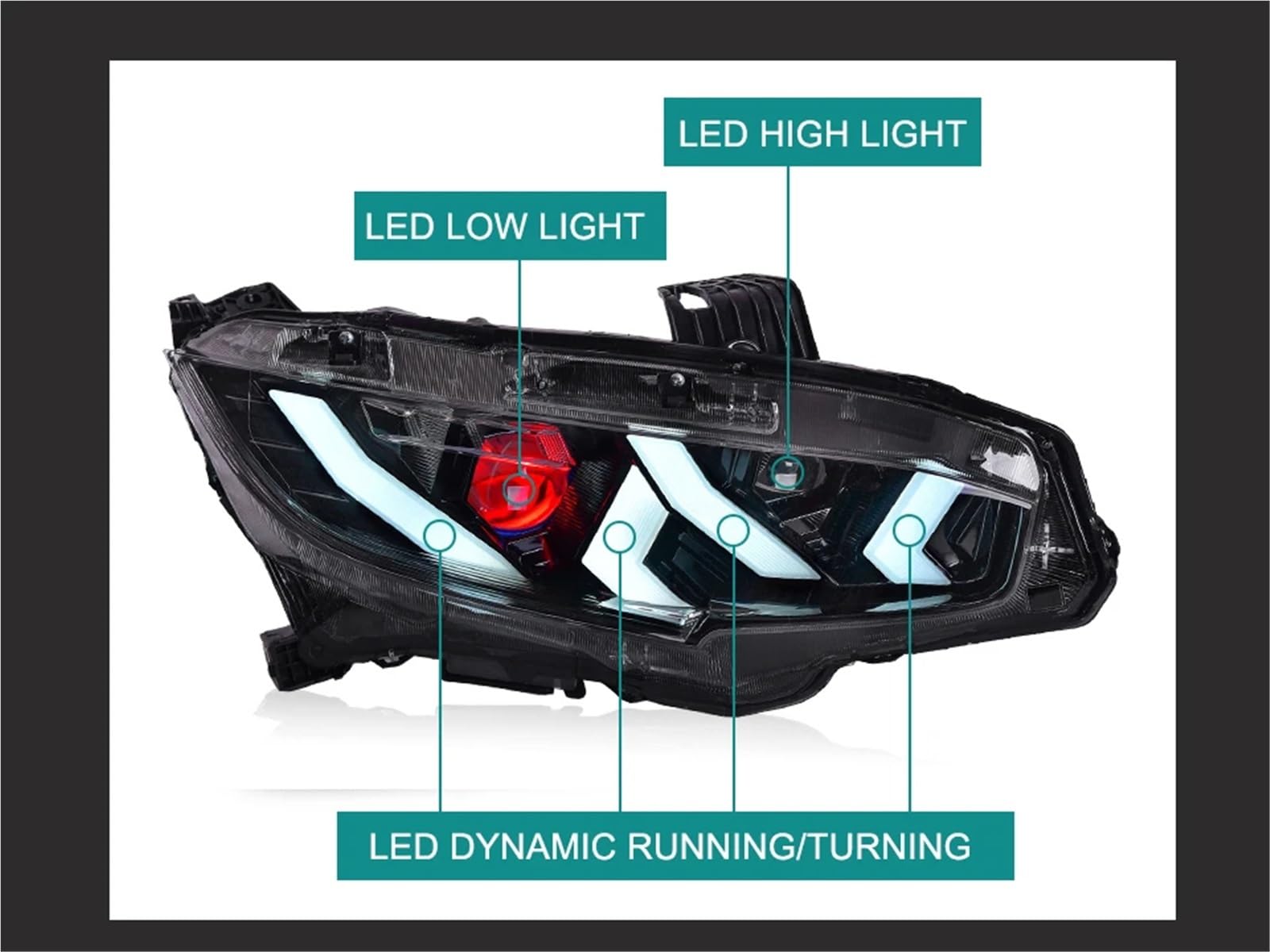 Gruppo Ottico Anteriore per Auto Civic X 2016-2021, fari Plug And Play con luci diurne a (DRL) e indicatori di direzione, 1 Coppia di fari Anteriori (DRL Rossi).