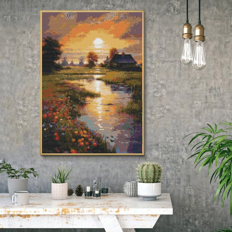 Image of Eiazuiks Stamping Cross Stitch Kit, Sunset Counting Cross Stitch Kit for Adult Beginners, Full Line DIYStitching Kit for Home Decor Cross Stitch Patterns 12x16 inches