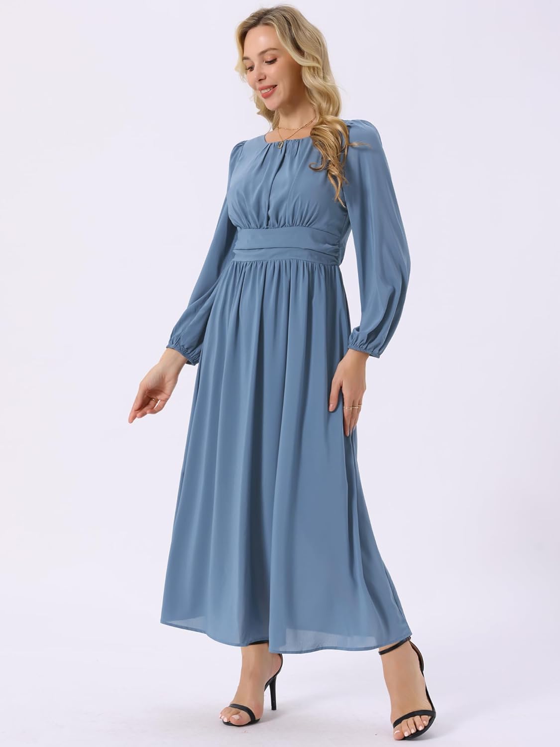 Seta T Women's Cocktail Party Dresses Crewneck Lantern Long Sleeves A-Line Chiffon Maxi Formal Dress - Image 2