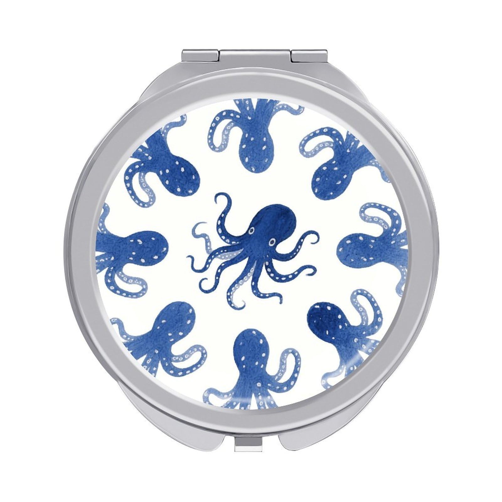 FodPand Compact Hand Mirror with 1x/2x Magnifying Round Travel Makeup Mirror Mini Foldable Blue Octopus Cosmetic Mirrors Travel Essentials Gift for Women Girl Portable for Pocket Purse -Silver