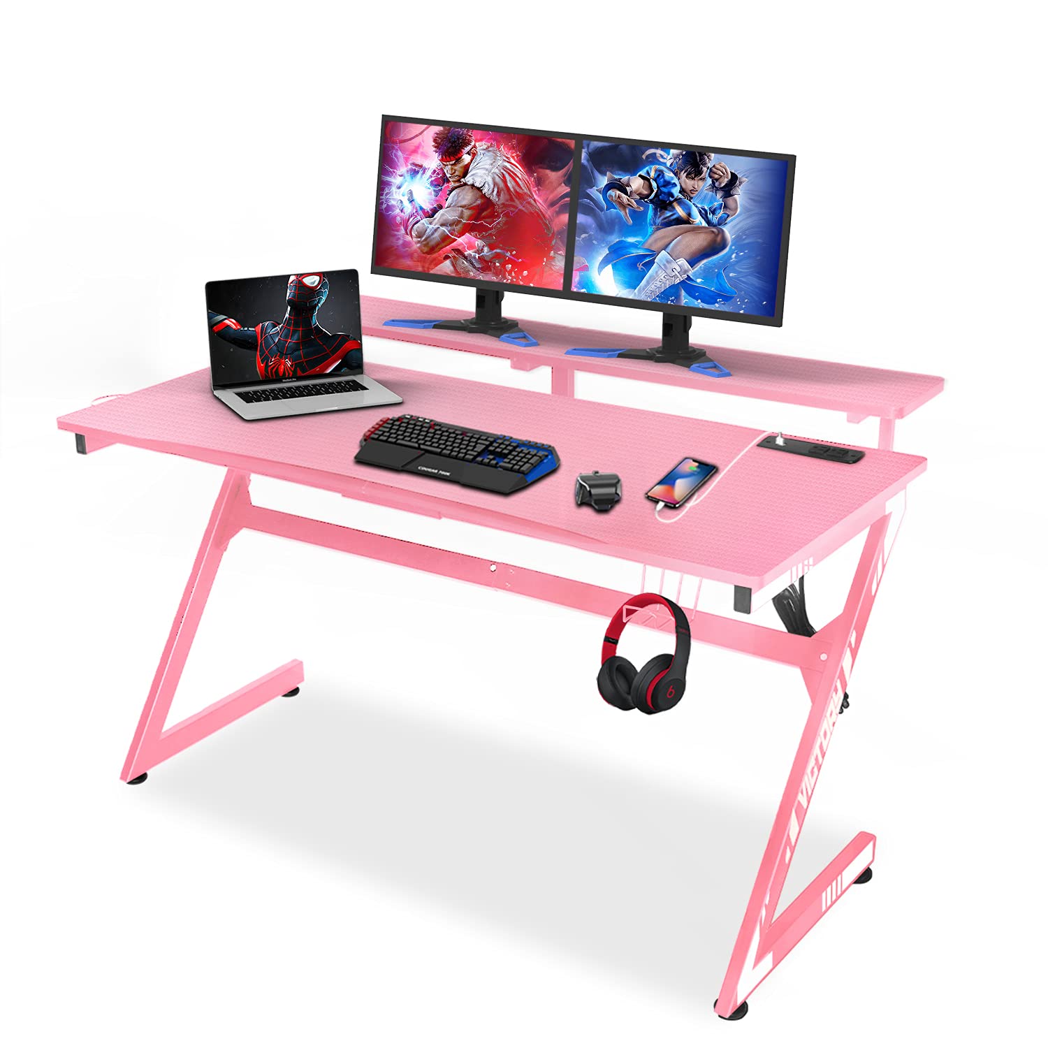 55 Inch Large Gaming Desk Computer Desk Table Pink Gaming Desk Office Computer Table with Cup Hold Headphone & Headphone Hook for Home Office