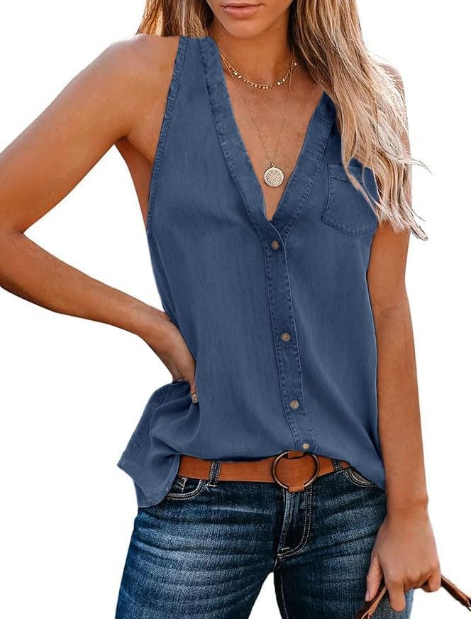 Uincloset Women's Summer Sleeveless V Neck Denim Tank Tops Casual Loose Button Down Shirts