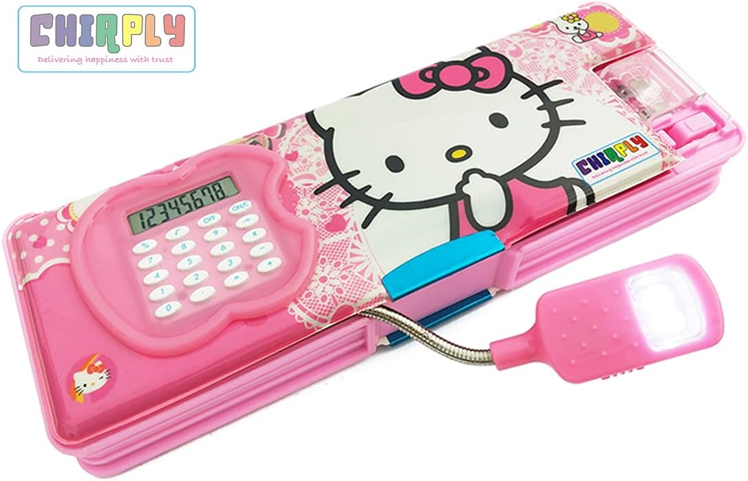 CHIRPLY Multipurpose Magnetic Pencil Box with Calculator & LED Lamp Light & 2 Side Compartment for Girls & Boys for School Birthday Gift Big Size Cartoon Printed Pen Case for Kids (Hello Kitty Pink)
