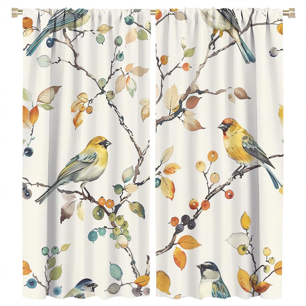 FYFMUSHE Rustic Yellow Birds Room Darkening Rod Pocket Curtain Colorful Nature Flowers Wildlife Window Treatment Thermal Insulated Curtains for Bedroom 107cm W x 115cm L