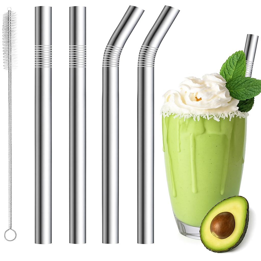 4-Pack Stainless Steel Wide Milkshake Straws, 26.5×1cm Stainless Steel Wide Straight Metal Straws Set with 1pcs Brushe, Metal Straw Replacement, for Bubble & Boba PearlsTea, Smoothie, Milkshakes