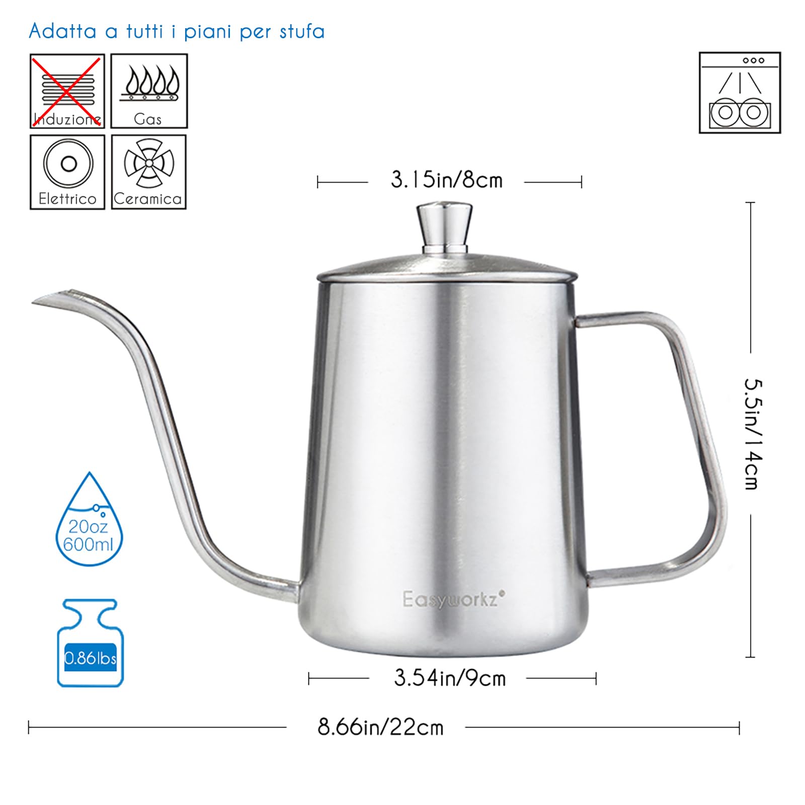 Easyworkz Gage Bollitore da caffè a Collo di Cigno in Acciaio Inossidabile con beccuccio Lungo, 600 ml