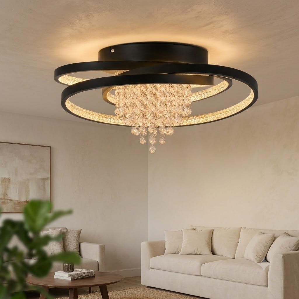 ZMH Deckenlampe Kristall LED Deckenleuchte Wohnzimmer Morden Schwarz | Wohnzimmerlampe 40W 3000K Warmweiß Licht Schlafzimmerlampe Groß Kristalleffekt Design Schlafzimmer Lampe Decke Esszimmer