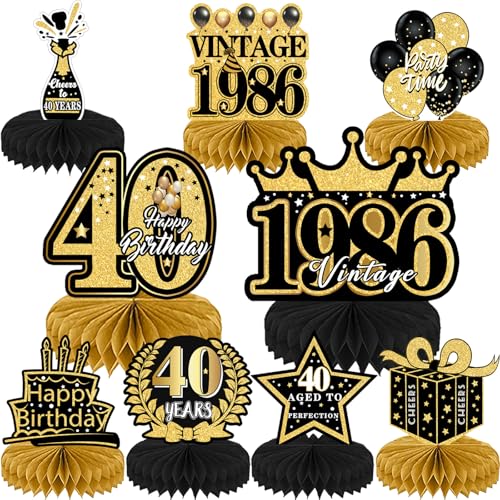 Refavor 40th Birthday Party Decorations - 9Pcs 40th Birthday Honeycomb Centerpieces for Men Women Black Gold Party Table Supplies Decorations Over the Hill Aged to Perfection Decor