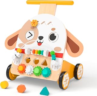 Andador de madera para bebés, andador de empuje 6 en 1 para niños pequeños | Andador de actividades para cachorros 6 en 1 con clasificador de formas, laberinto de cuentas, engranajes y ruedas de goma para niños de 12 a 36 meses