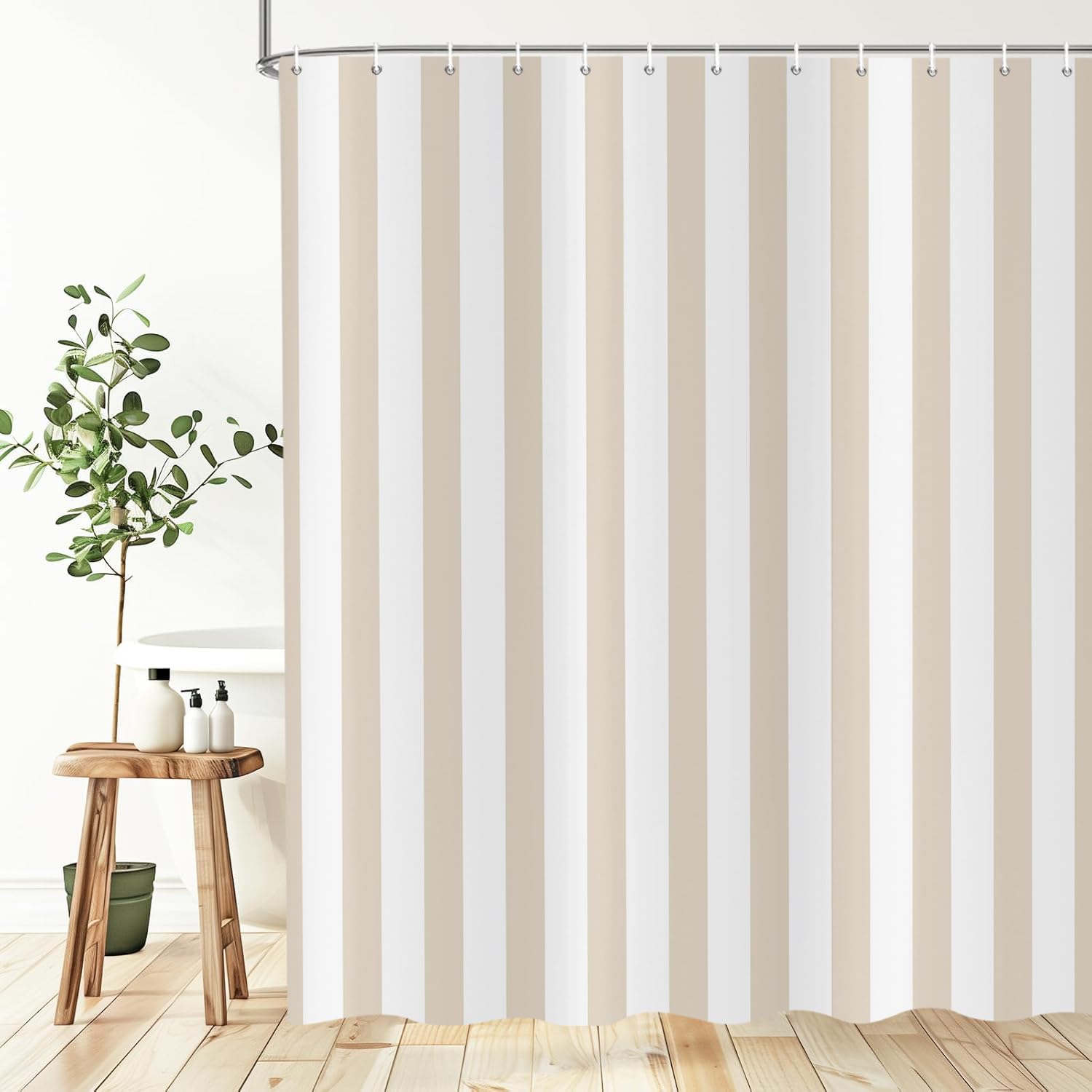 Rideau de douche imperméable 180x220 cm lavable style japonais beige blanc avec 12 crochets de bain