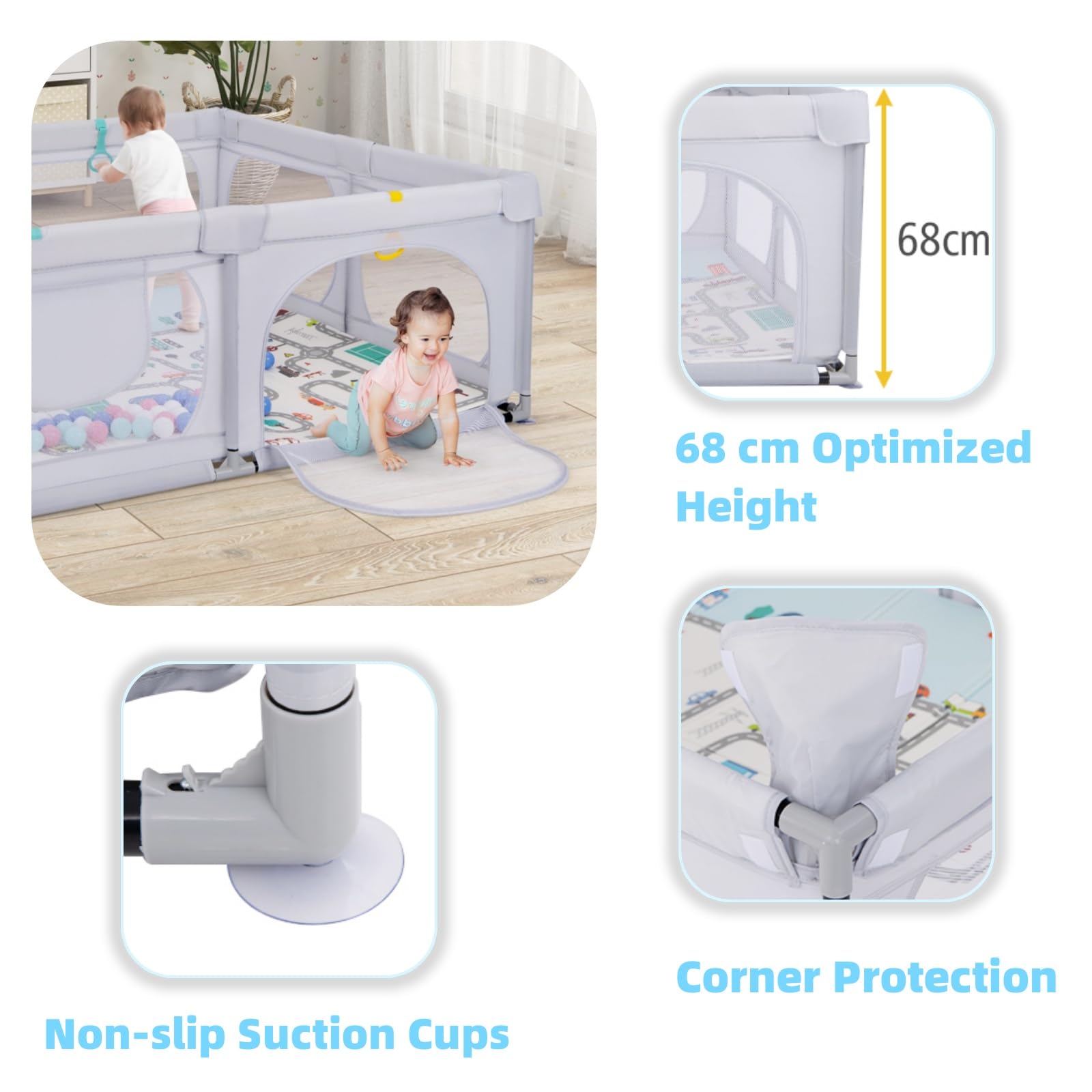 LIFEZEAL Recinto Bambini con Tappeto Gioco, 189x158cm, Box Neonato con Materassino, Box Bimbo 0~36 Mesi con Borsa, Anelli e Palline Colorate, Recinto Neonati in Rete Traspirante (grigio chiaro)