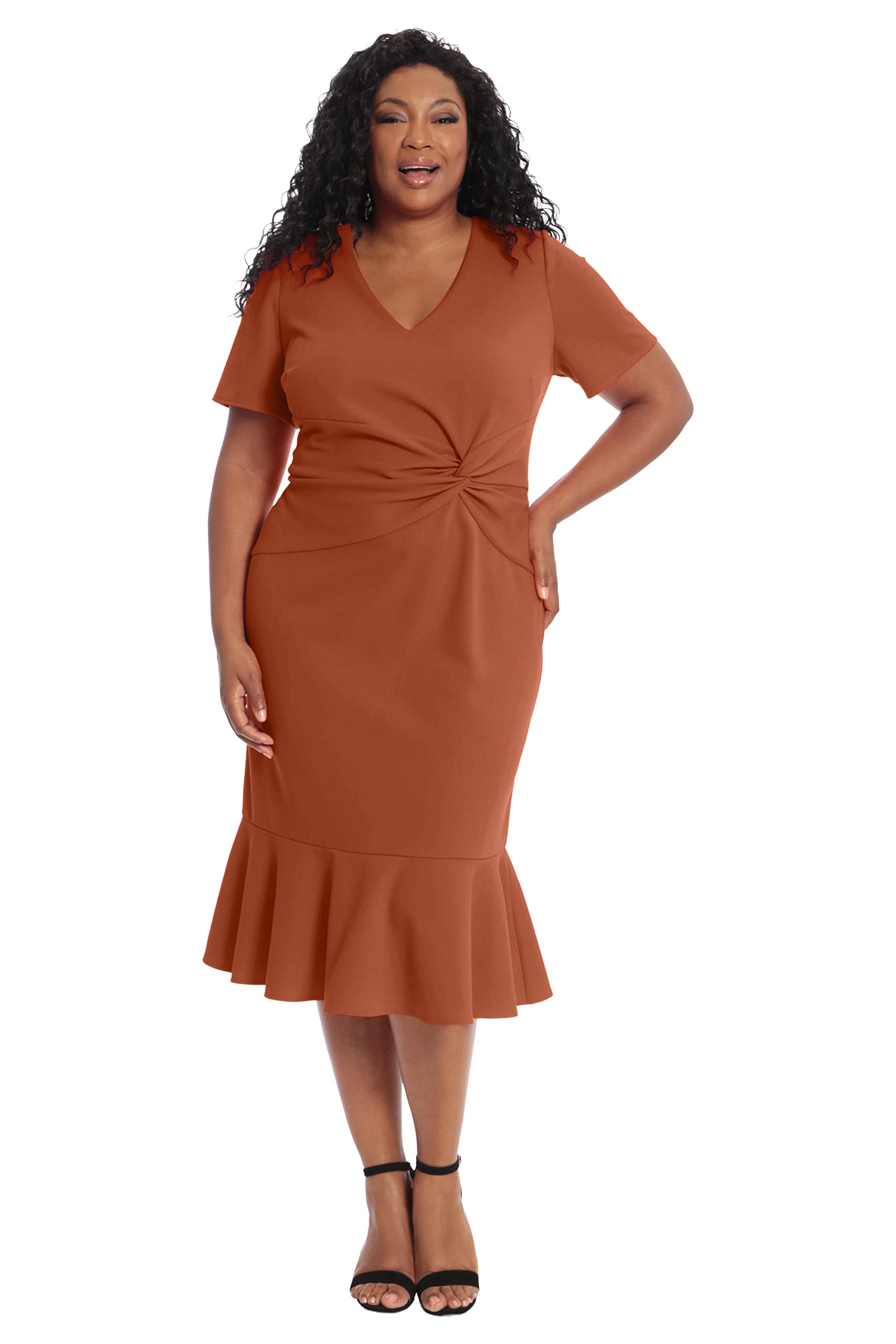 London Times Women's V-Neck Dress - Flounce Hem, Twist Waist, Elegant Office &amp; Event Wear