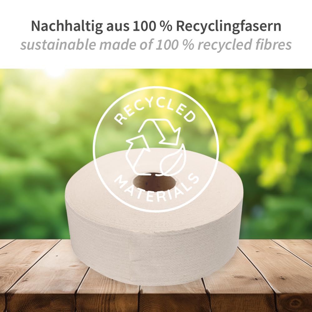 6 Stück Hygoclean Toilettenpapier, Jumbo, 1-lagig | Recyclingpapier, natur, B: 9cm, Ø: 25cm, Kerndurchmesser: 6cm, Laufmeter: 500m, Abrisse: 2780, Toilettenpapier, Klopapier, Rollen