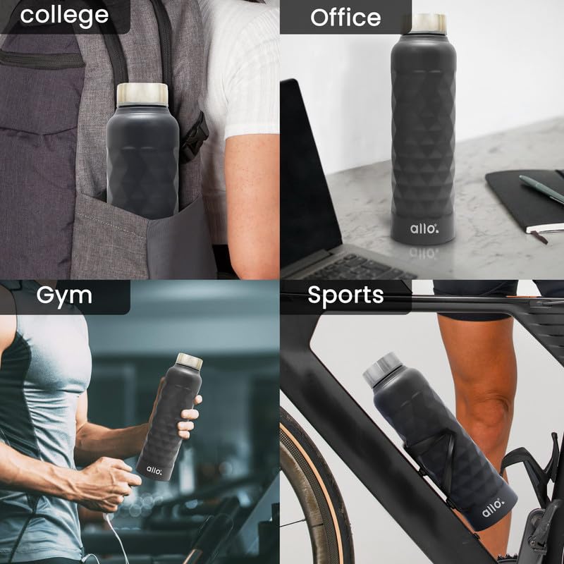 Image of Allo Stainless Steel Water Bottle For Adults, Kids 1 Litre Water Bottles For School, Office, Sports, Gym 1L Water Bottle For Men And Women, Pack Of 2| Leak Proof, Bpa Free, Black & Dark Grey Diamond