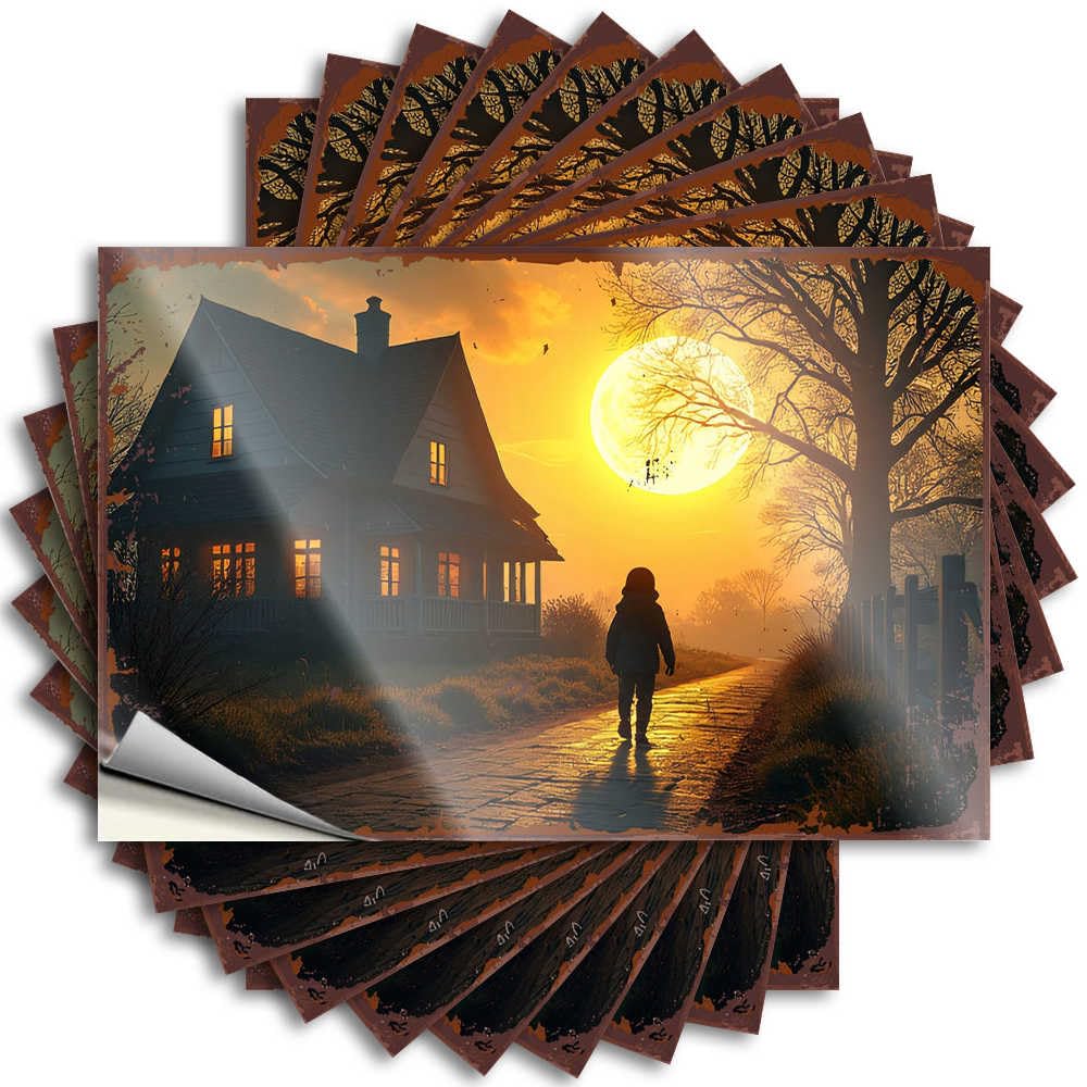 Fzfn Colour Decal At Home Decor Easy Apply | Child Walking Towards Sunset Near Cozy Cottage Custom Tumbler Peel And Stick(12X18cm)