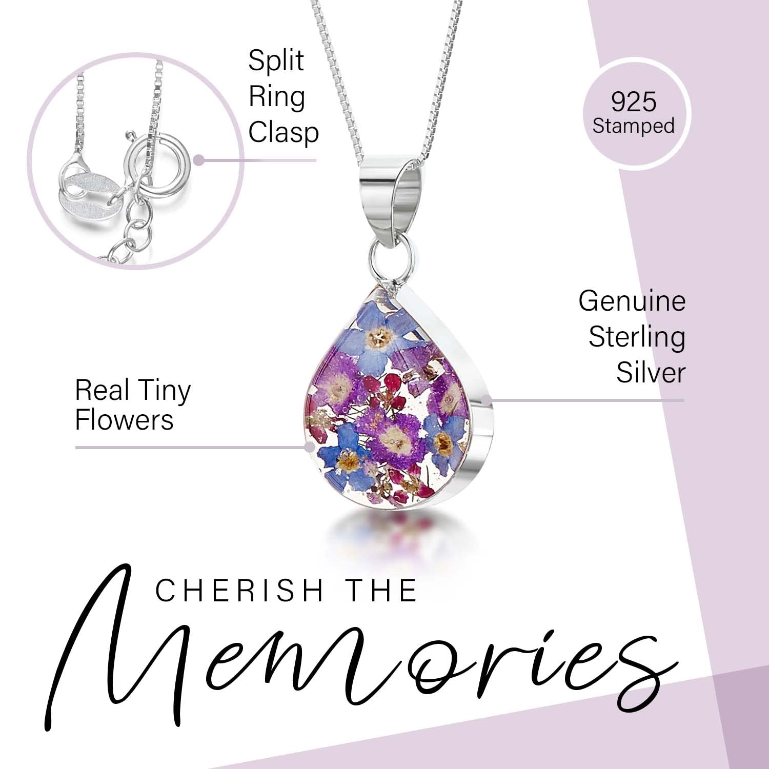 Shrieking Violet® - Collana con fiori veri e propri in argento Sterling con pendente a goccia con fiori viola