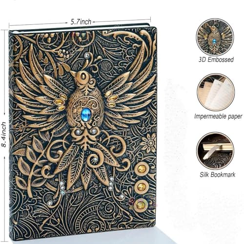 Image of MANAKI 3D Phoenix Bronze DND Vintage Leather Journal Writing Notebook with 200 Pages A5 Journal Diary,Antique Handmade Leather Diary,Travel Diary&Notebooks to Write in,Diary Gift for Men Women