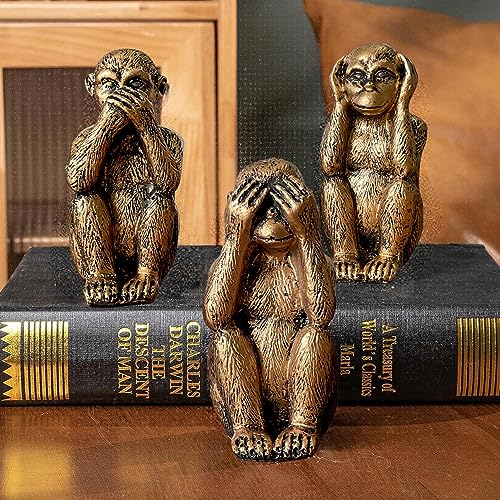 Set de 3 Estatuas Monos Sabios con Recubrimiento Bronce miniatura 4