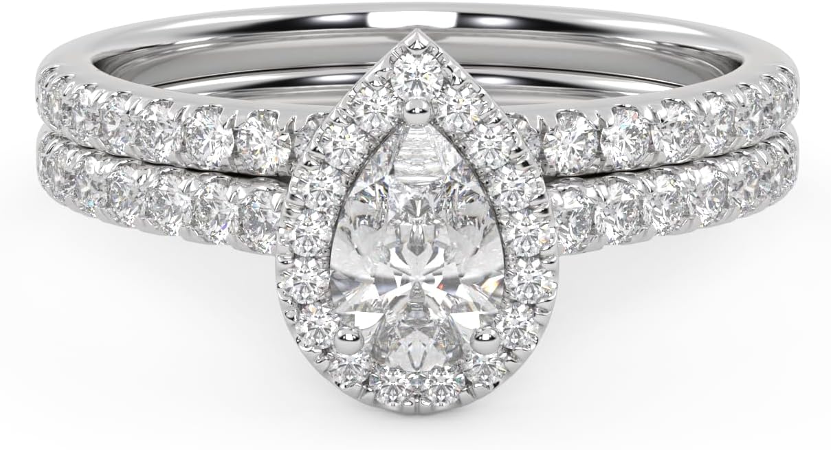 SAVEARTH DIAMONDS Teardrop Halo Bridal Ring Set for Women Center 6X4mm Pear Cut Lab Created Moissanite Engagement Wedding Ring in 10K / 14K Solid Gold OR 925 Sterling Silver