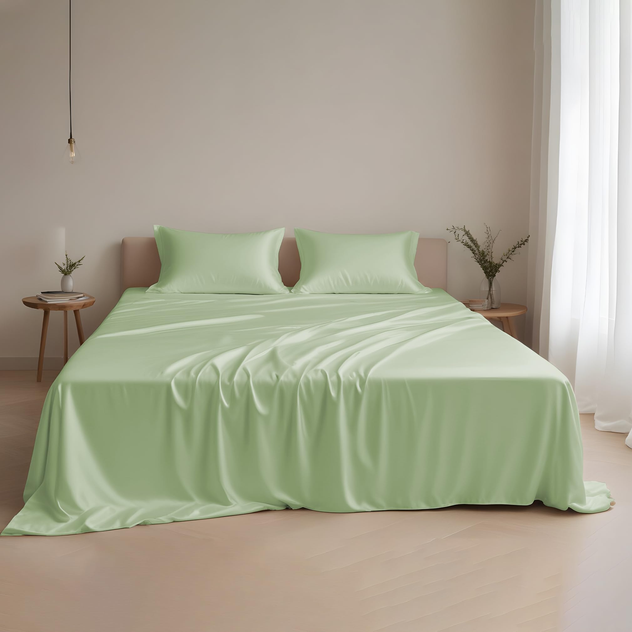 LINENWALAS Queen Size Sheets Set, Tencel Lyocell, Sage Green