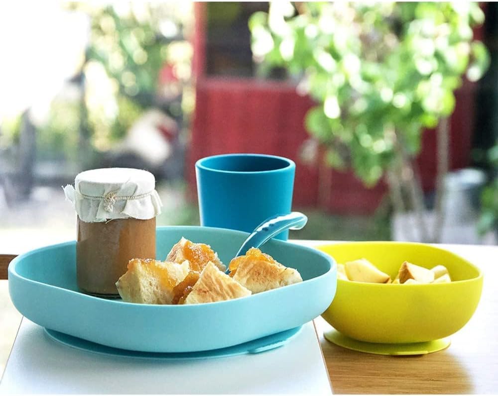 BÉABA Vaso/Taza de aprendisaje para Niños/Bebés, 100% Silicona, Material suave y muy resistente, Apto para microondas, azul