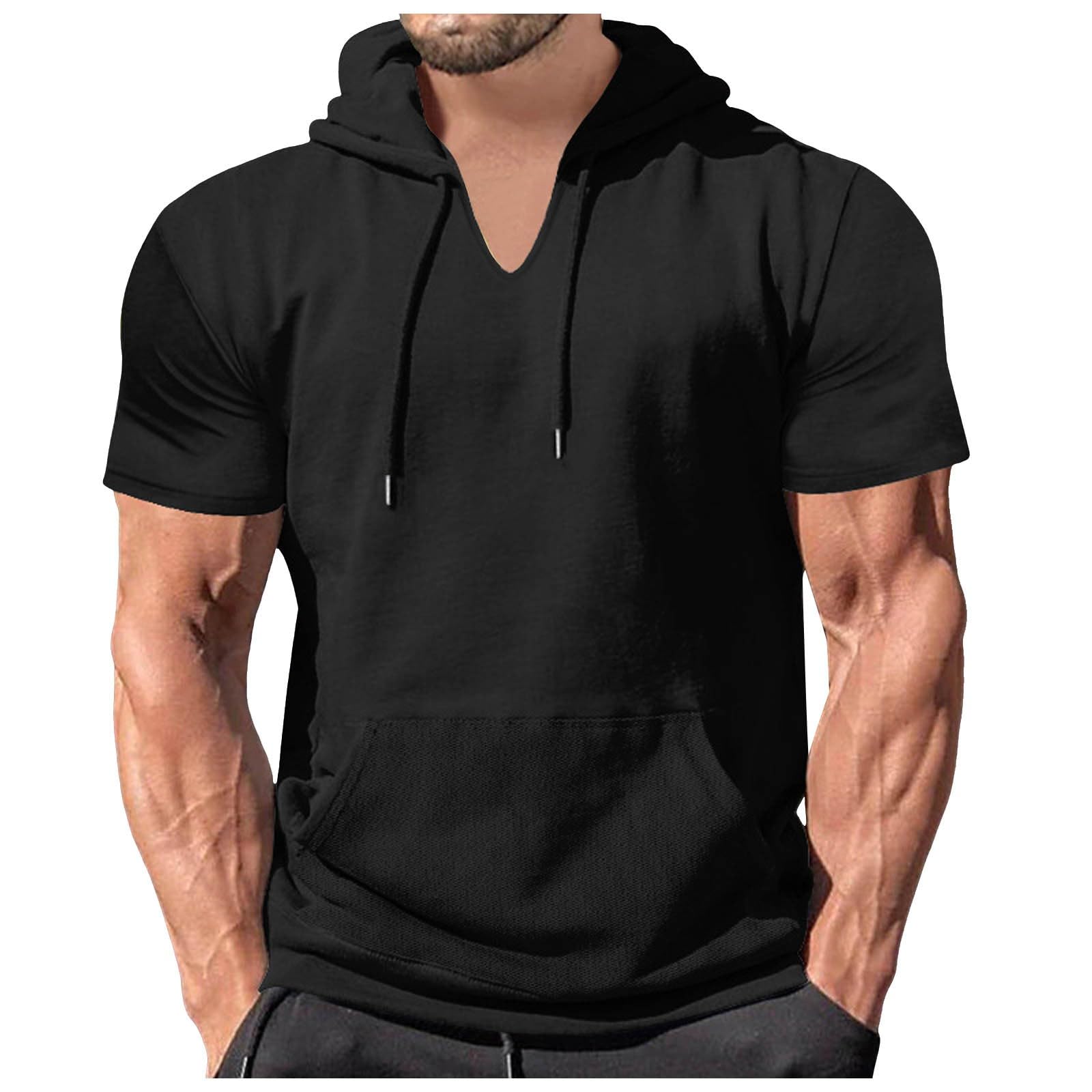 Maglietta da uomo con cappuccio, estiva, tinta unita, casual, a maniche corte, con cappuccio largo, sportivo, a maniche corte, per il tempo libero, comoda e traspirante