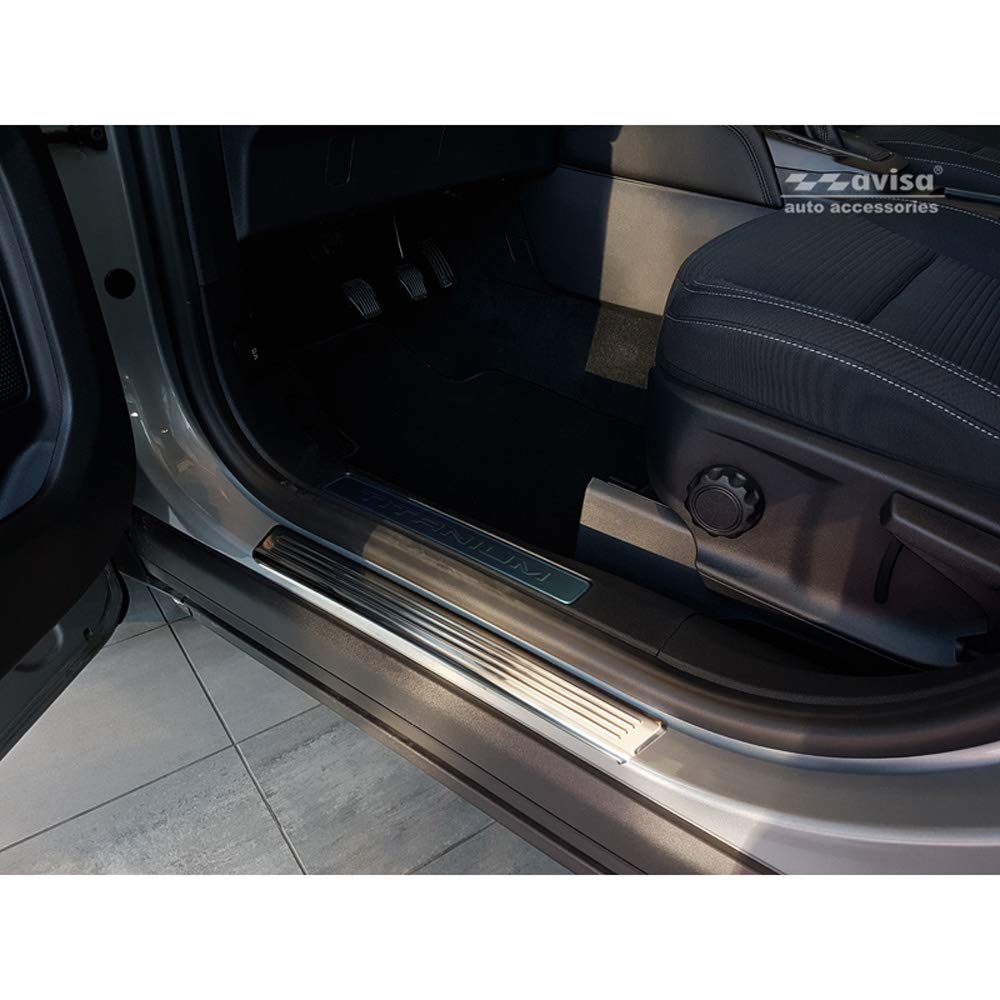 Avisa Stainless Steel Door sill protectors compatible with Ford Kuga III 2019-2024 & FL 2024- 'Lines' - 4-pieces, Silver