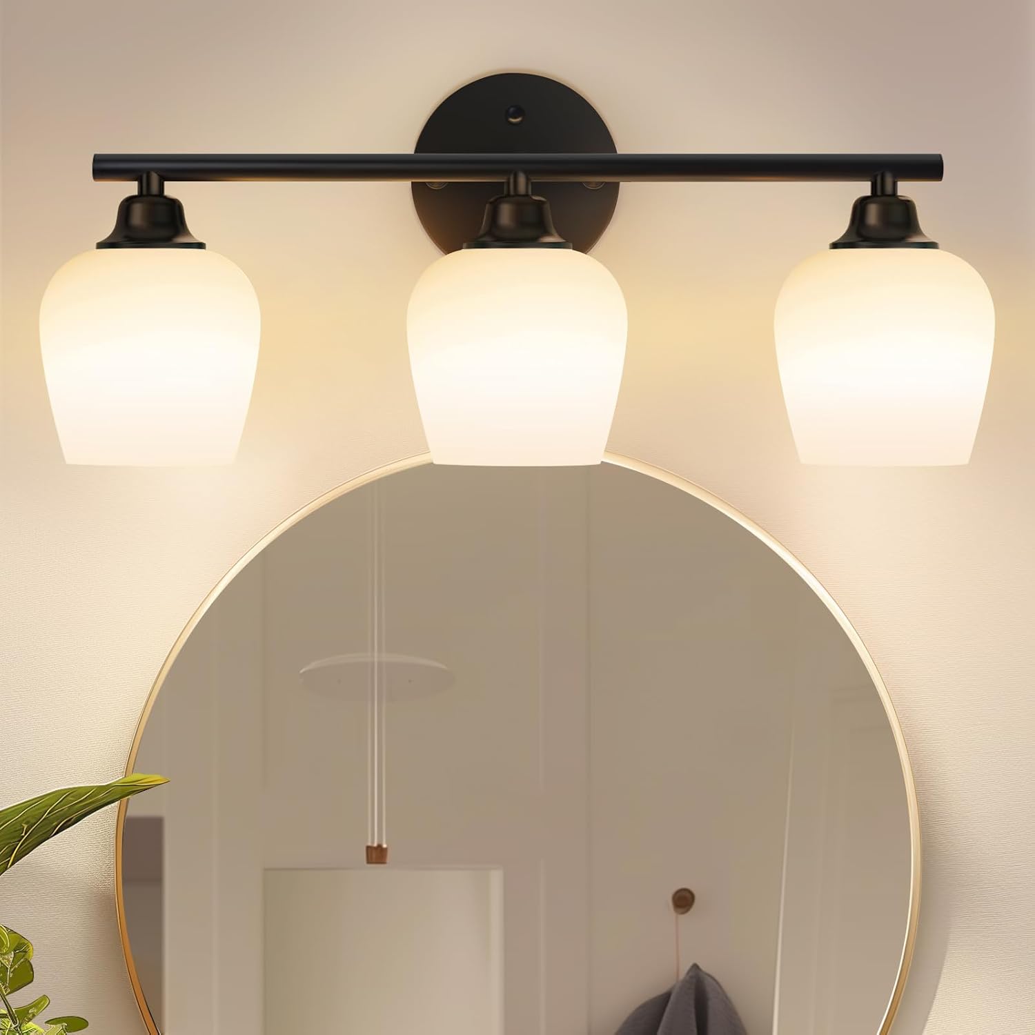 ONEWISH Bathroom Light Fixtures - Modern Wall Sconces 3 Light Black, Wall Lamp for Vanity Light Over Mirror, Opal Glass Globe Lamp for Bedroom, Living Room, Hallway, E26 Socket Bulb NOT Included