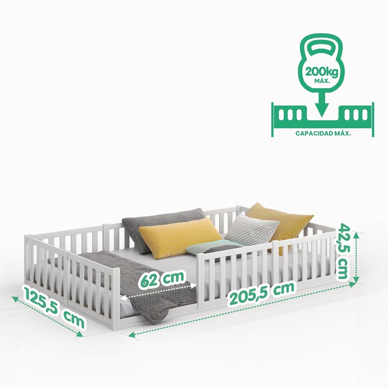 CADANI Cama Montessori TESO 120x200 – 200 kg Capacidad, Entrada Variable, somier Enrollable, Cama-Infantil Blanca
