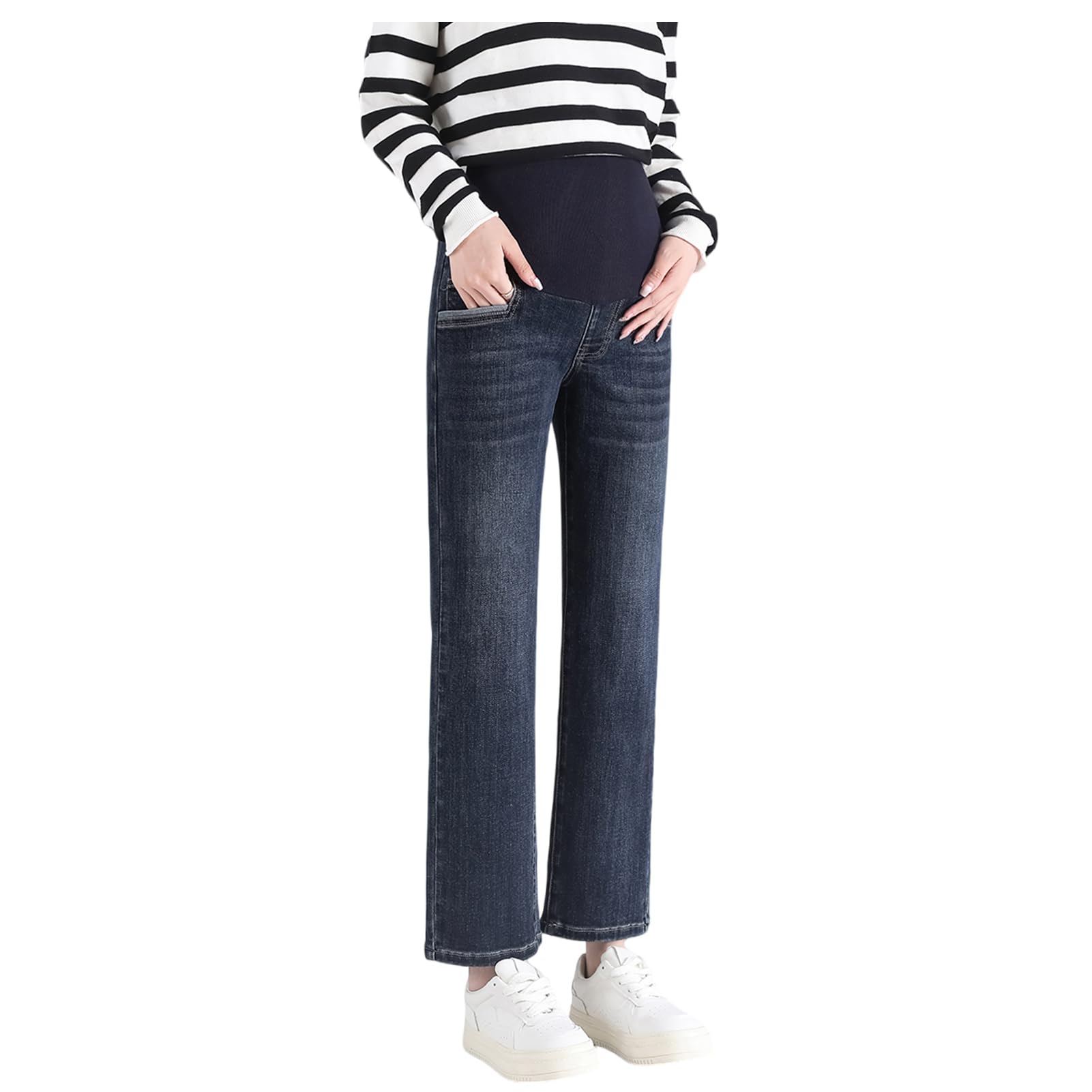 Jean de maternité à jambe droite avec ceinture réglable - Pantalon 3/4 stylisé et pratique, idéal pour les femmes de petite taille (taille courte)