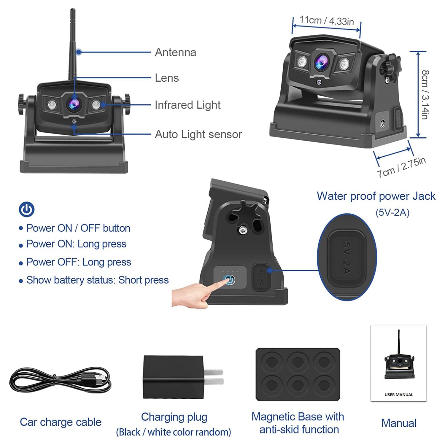 Cámara trasera inalámbrica, cámara frontal WiFi recargable para remolque/quinta ruedas/caravanas