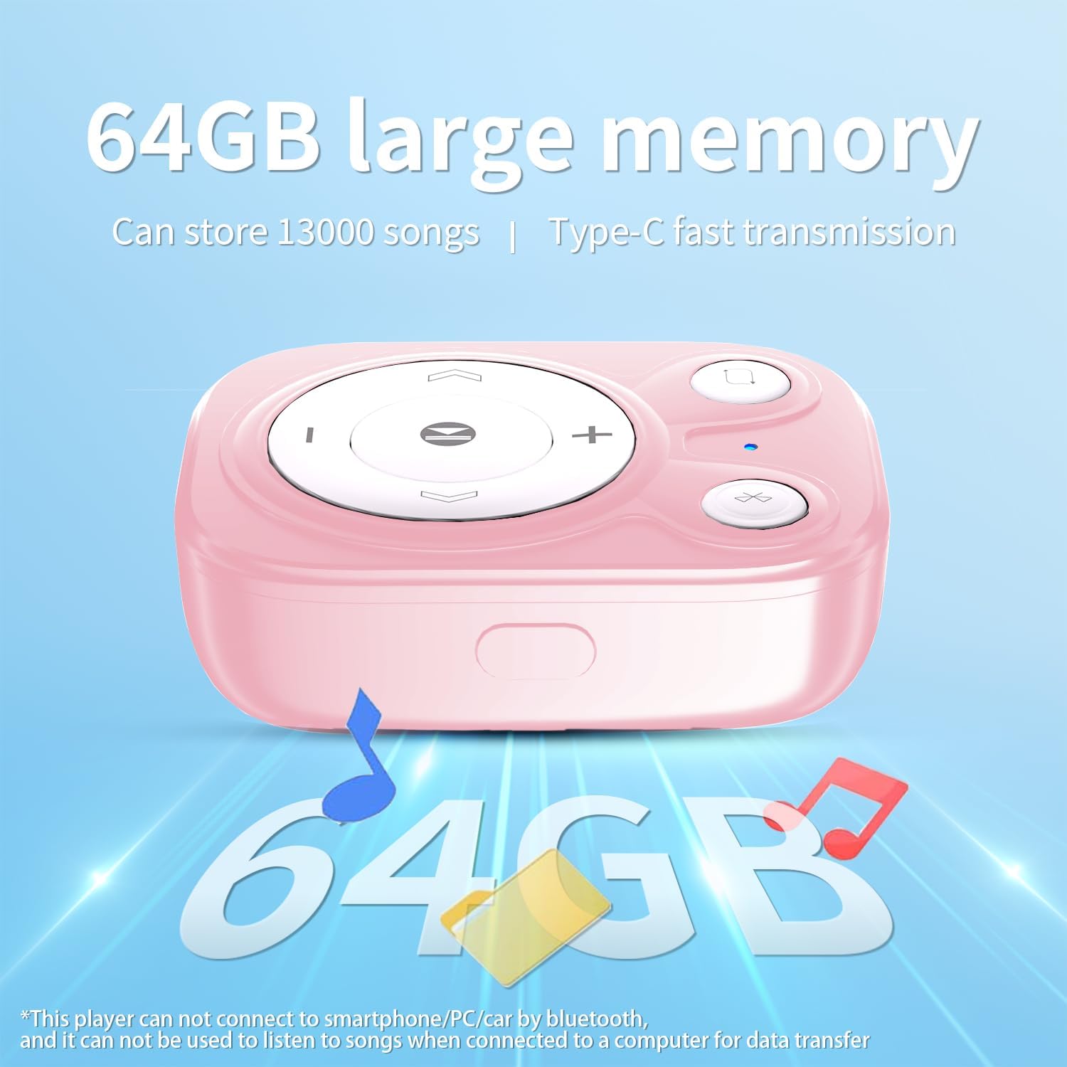 Mini MP3 Player with Bluetooth 5.3, 64GB Portable Music Player with Sports Clip, OTG Function, Mp3 Player for Running/Cycling/Exercise-Student, Kid