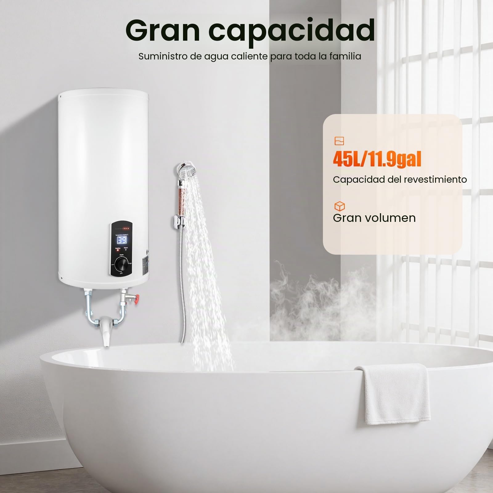 Termo Eléctrico 50 Litros, Calentador de Agua Eléctrico Vertical Seguro Duradero con Luz Piloto y Ducha de Mano, 34 x 71 cm - Termo de Agua Electrico para Tanques de Cocina, Baños