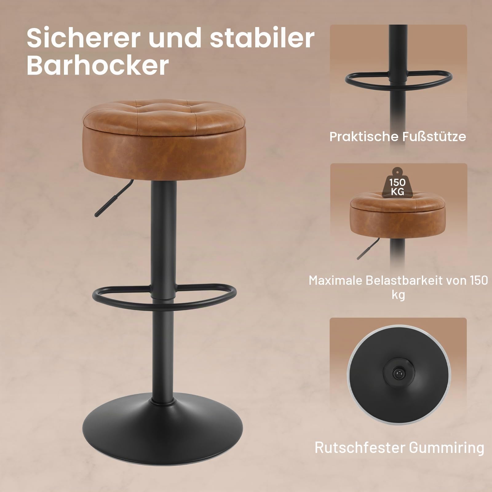WOLTU Barhocker 2er Set, Sitzhocker mit Stauraum, Hocker höhenverstellbar 360° drehbar, Drehhocker für Kücheninsel Esszimmer Bar Küche Tresen, Kunstleder Metall, Braun