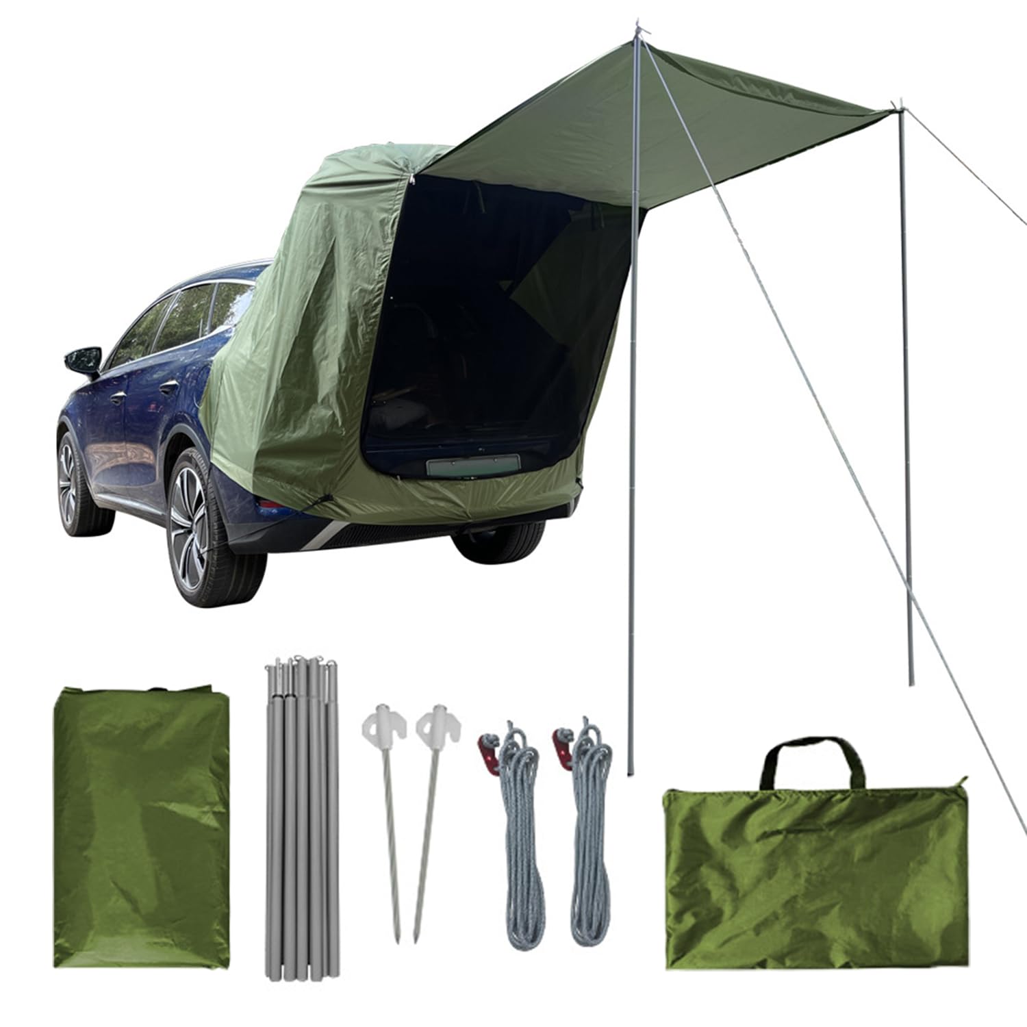 Heckzelt Für Auto Mit Moskitonetz,Universal Wasserdicht Winddicht SUV Auto-Kofferraumzelt,Mit Stützstange Heckklappenzelt Vorzelt Auto Für SUV,Camping,Outdoor Abenteuer Doppellagiges Gewebe(Grün)