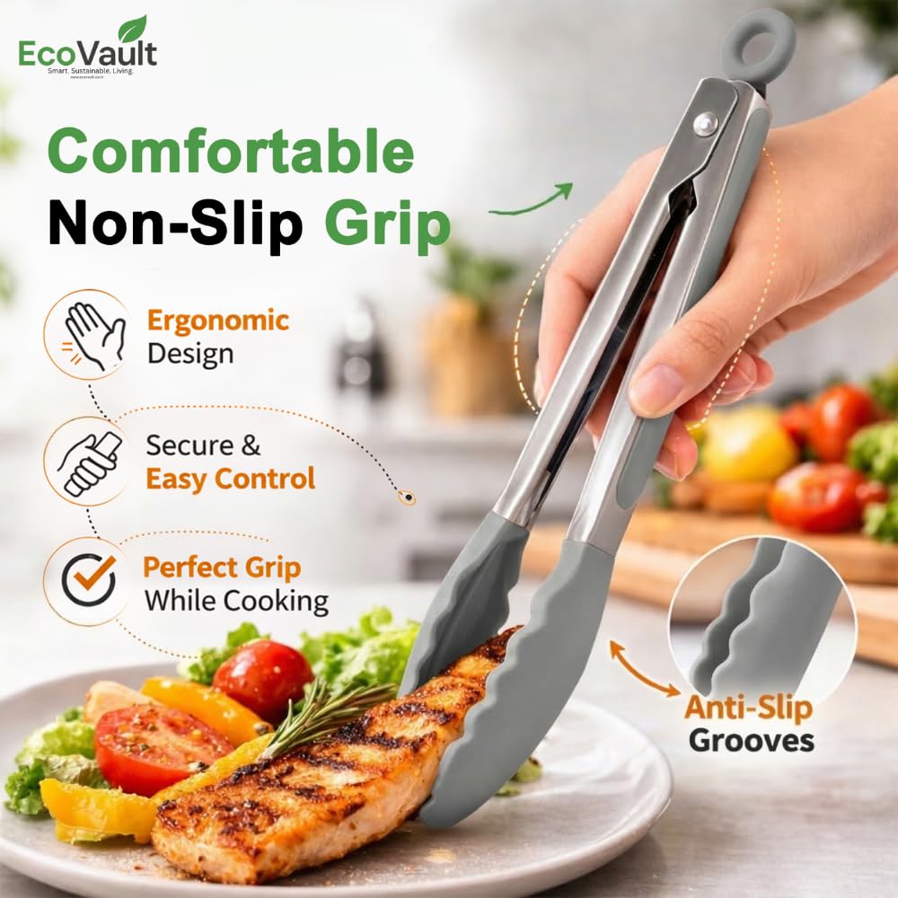 EcoVault Steel & Silicon Food Tongs - Heat Resistant -2 EcoVault Steel & Silicon Food Tongs - Heat Resistant -2