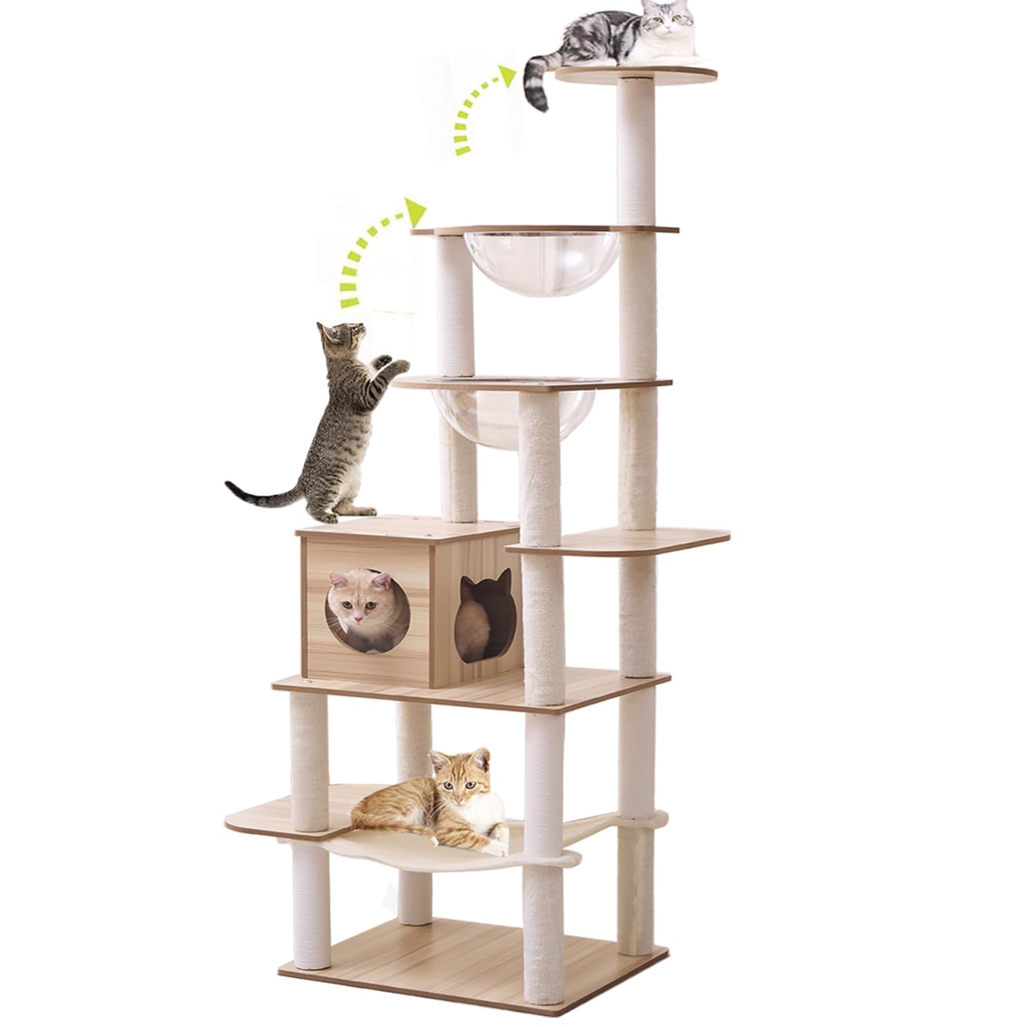 Mekidulu 193CM Multi-Pure Wood-Level Cat Tree Tower with Condo, 16 Soft Plush Scratching Post,2 Space Capsule, with Cat Hammock,5-Story Perching Platform,Cat Tree for Large Cats.οΌKT 1115οΌ