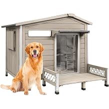 Gowoodhut Weatherproof Dog House Outdoor Wooden Chew-Proof Iron Frame, Removable Floor and Adjustable Window for Small Medium Some Large DogsGray, 40" L x 40" W x 35" H