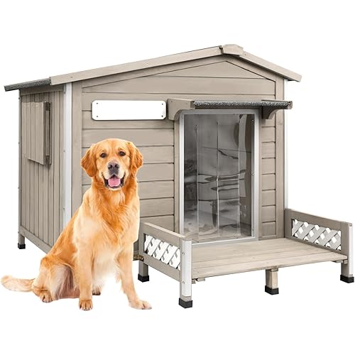 Gowoodhut Weatherproof Dog House Outdoor Wooden Chew-Proof Iron Frame, Removable Floor and Adjustable Window for Small Medium Some Large Dogs(Gray, 40" L x 40" W x 35" H)