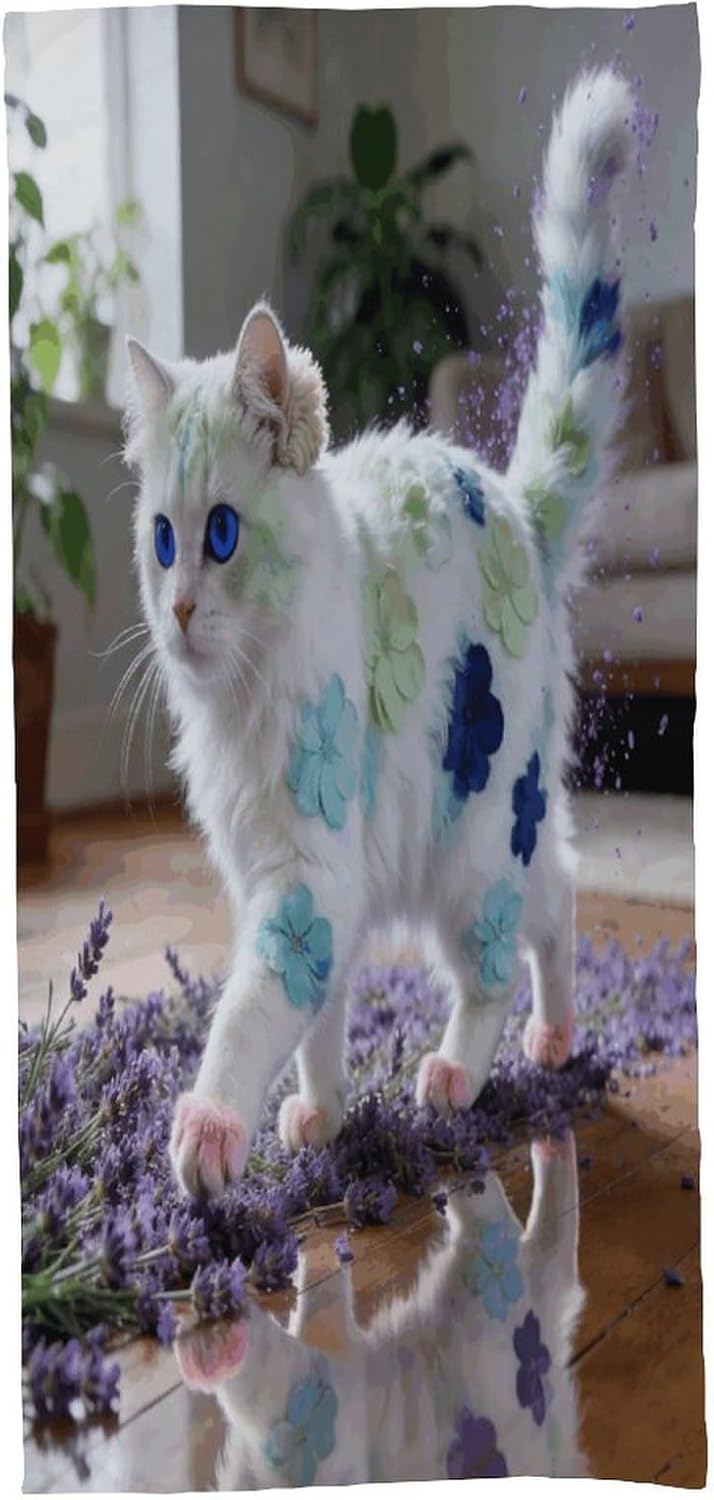 Flower Cat Bath Towel, Highly Absorbent & Quick Drying Beach Towel, Compact & Lightweight Pool Towel for Bathroom, Beach, Pool, Gym, Spa, and Hotel Use