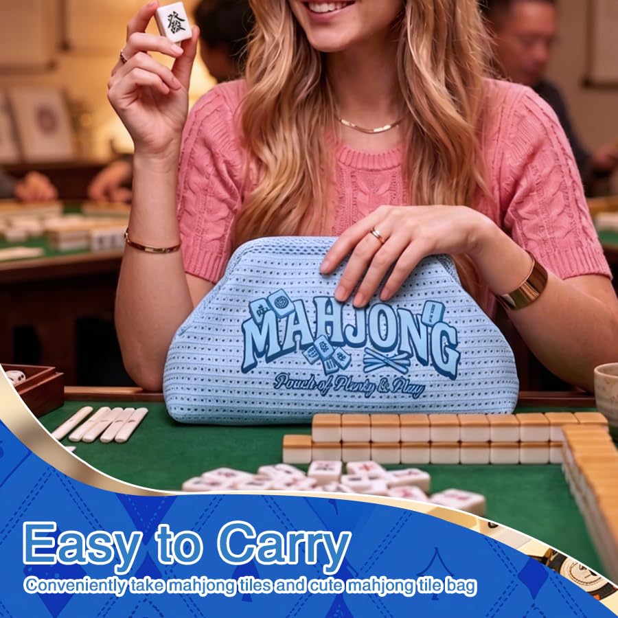 Bolsa para piezas de Mahjong portátil azul claro miniatura 6