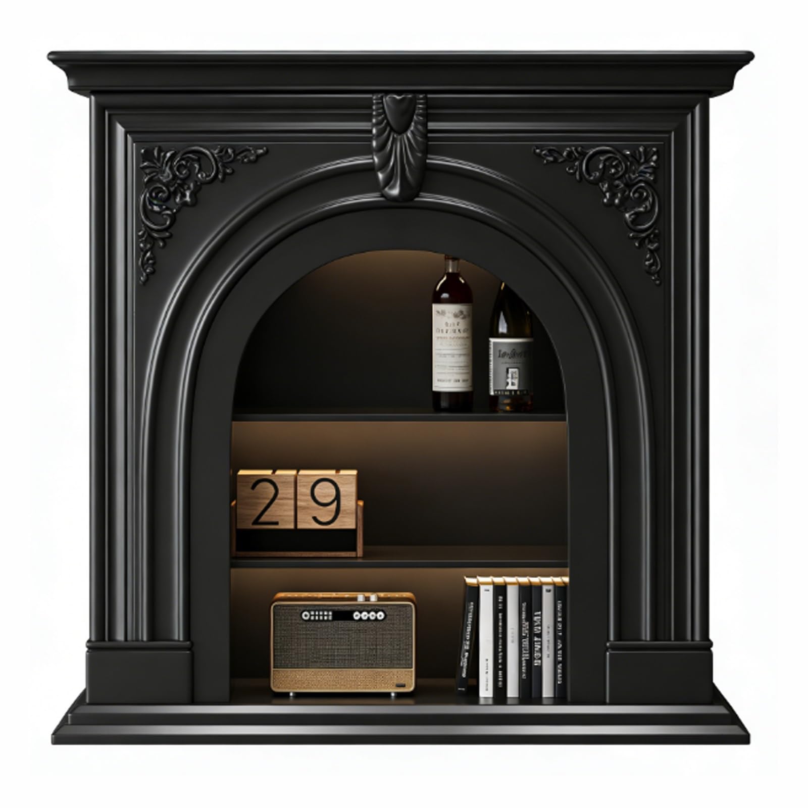 Freestanding Carved Solid Wood Fireplace Mantel with Open Storage Shelves Decorative Surround Decorative